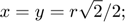 $$ x = y = r\sqrt2/2; $$